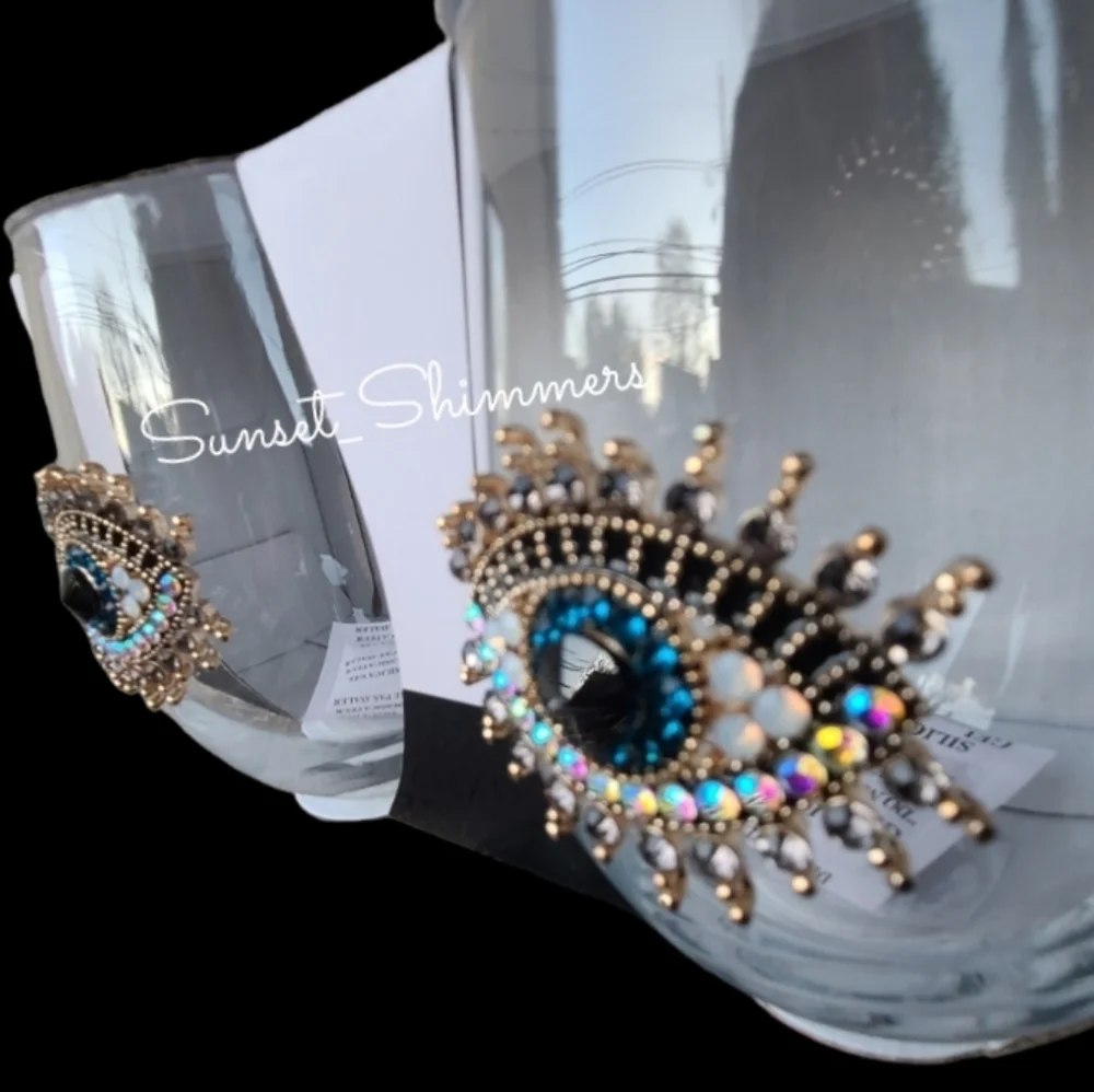 Jeweled Rhinestone Hamsa Evil Eye Mati Nazar Mal De Ojo Cocktail Wine Glass Set
